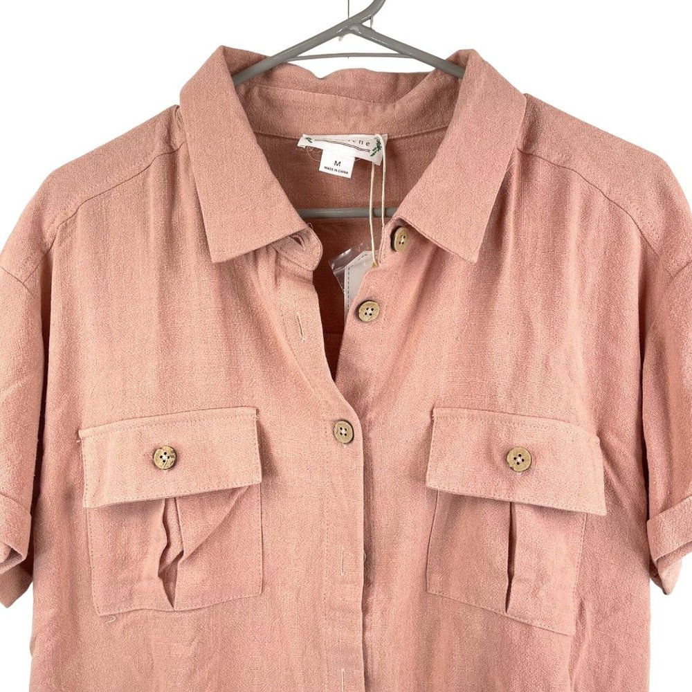 LoveRiche Blush Cotton Button Front Short Cuff Sleeve Safari Style Shirt Size M - Picture 2 of 13